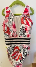 SYLVIA P black white GYMNASTICS DANCE leotard size 12 FLORAL red yellow V Back