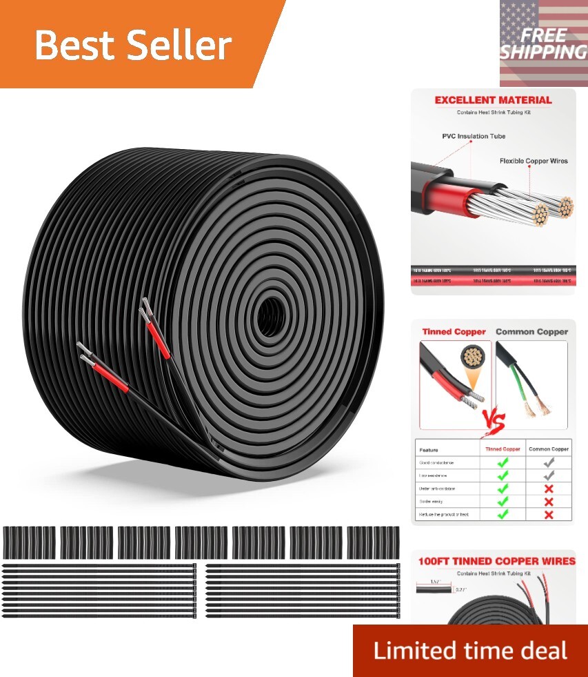 Versatile 16 Gauge Low Voltage Wire - Tinned Copper Ideal for LED & Lamps, 100FT