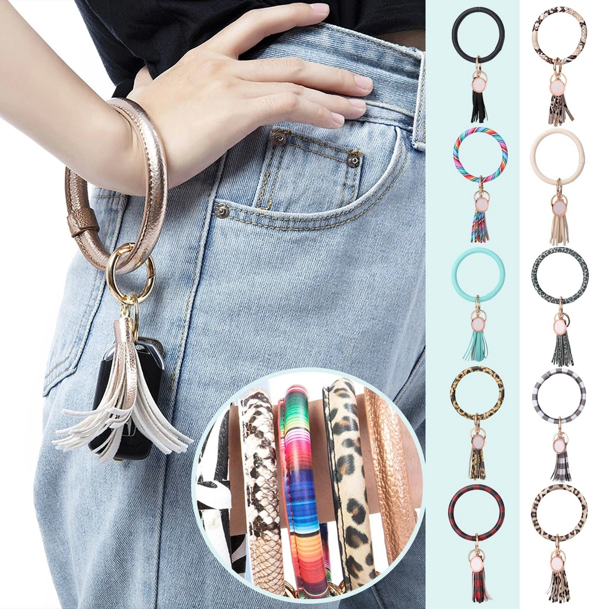 Leather Wristband Round Keychaing Chain Bracelet Bracelet-Keychain Holder  Tassel