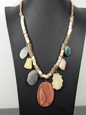 Charming Charlie Brown Agate Slice Gray Yellow Acrylic Bead Bold Necklace 27 in