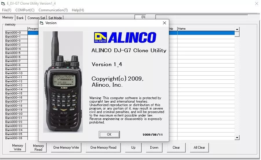 Alinco DJ-G7 v1.7 Programming & Clone Software Download for DJ-G7 NA + Europe