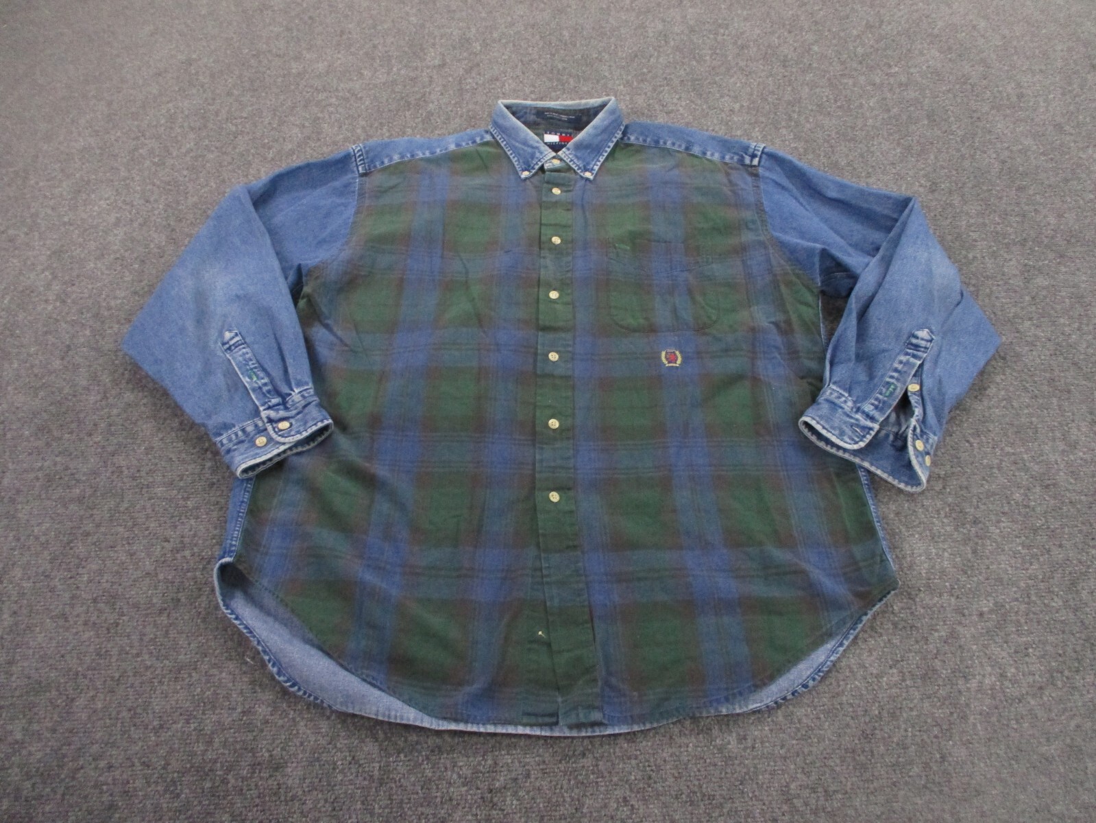Vintage Tommy Hilfiger Mens L Blue Green Blackwatch Plaid Denim Flannel Shirt