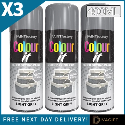 PAINT FACTORY 3 x LIGHT GREY GLOSS FINISH SPRAY PAINT 400ML AEROSOL FOR METAL WOOD PLASTIC NEW