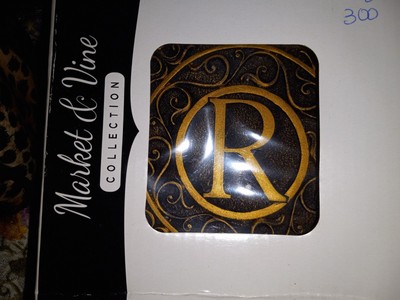 #I25 Market and Vine Collection Monogram ''R'' Coaster Set w/Holder