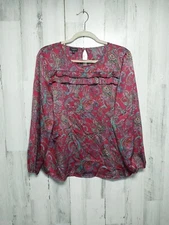 Talbots Women’s Red Ruffle Long Sleeve Paisley Blouse Top Satin Soft 1XP