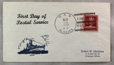 Navy Postal Cover USS Gleaves DD-423 Destroyer WWII Postal Service Cachet 