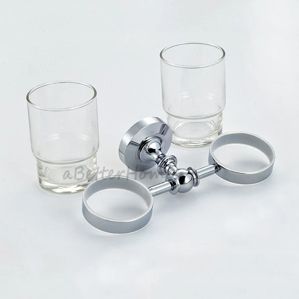 Bathroom Chrome Double Glass Tumblers Holder Toothbrush Holders Kit Wall Mounted - Image 3 of 4