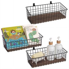 Wall Hanging Baskets, 3 Wooden Wire Bins with Hooks  Adhesive Mount Extra  ...