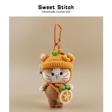 Handmade Crocheted Orange Cat Charm Handbag Pendant Sweet Thoughtful Gift