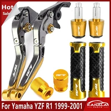 CNC Handle Grips Cap Brake Clutch Levers Set For Yamaha YZF R1 1999-2001 Gold