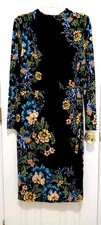 London Times STRETCHY Dress 14 Large Black Yellow Teal Blue Floral Long Sleeve