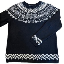 TALBOTS Sweater Fair Isle Nordic Sweater Size MP Black Cotton Blend Preppy