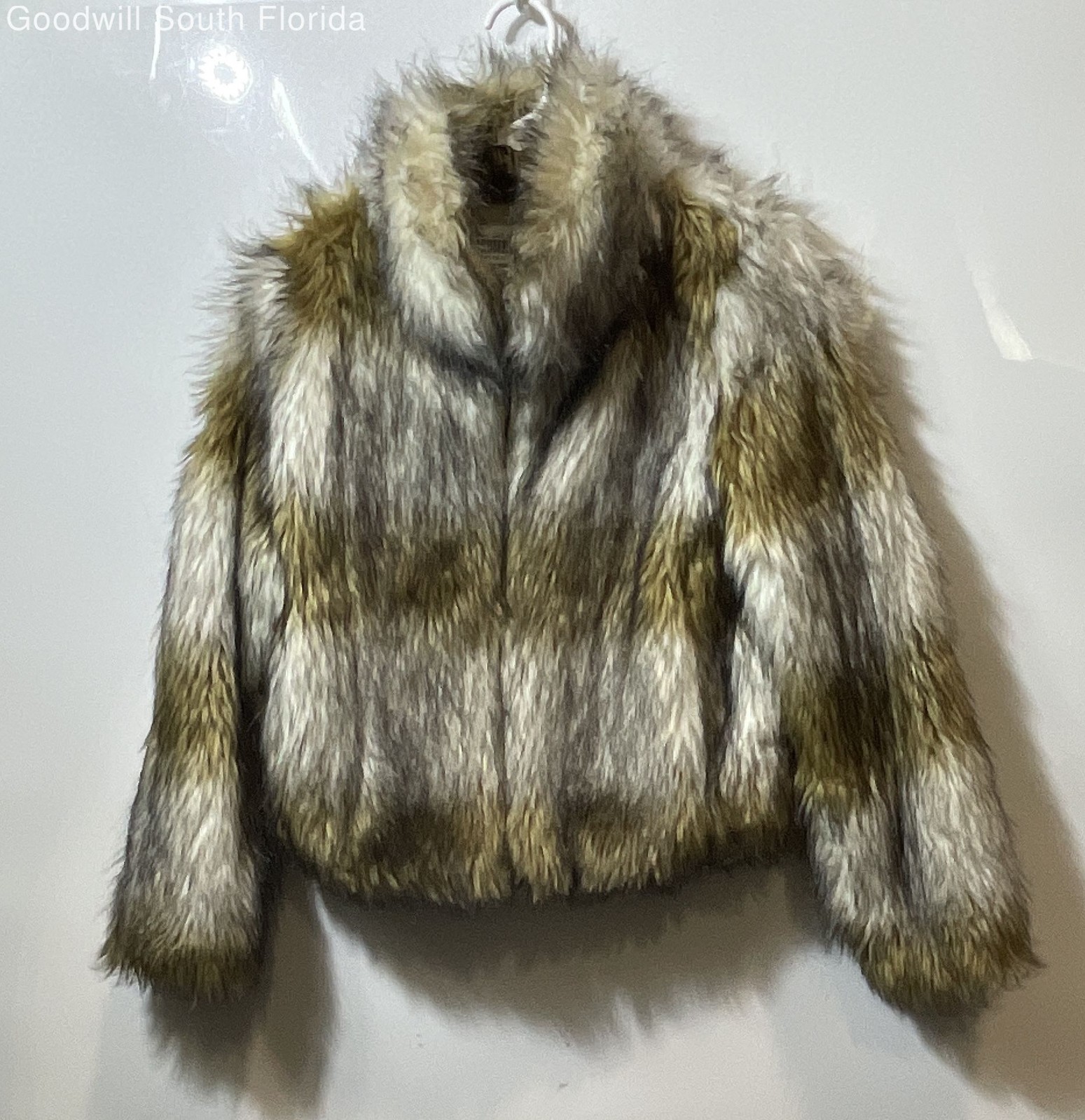 Womens Brown Beige Long Sleeve Fur Cropped Jacket Coat No Size