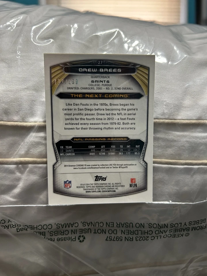 New Orleans Saints Drew Brees 2014 Bowman Chrome Black Prizm Refractor #'d /299 - Image 2 of 3