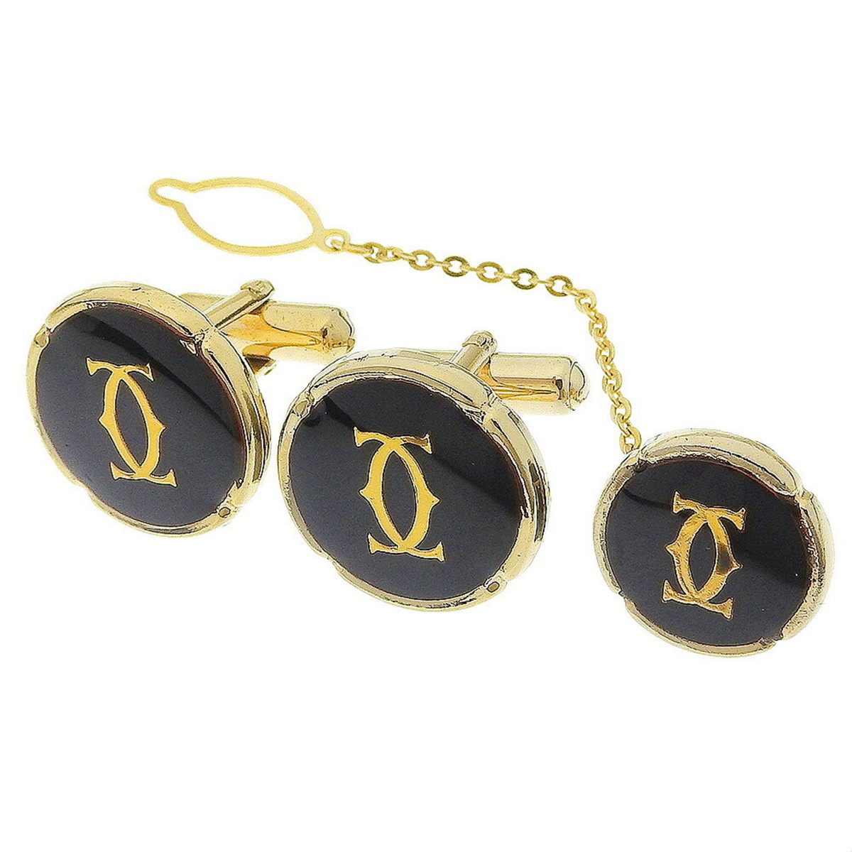 CARTIER Cufflinks and tie pin set Gold Black Tie tack GZl13x76 | eBay