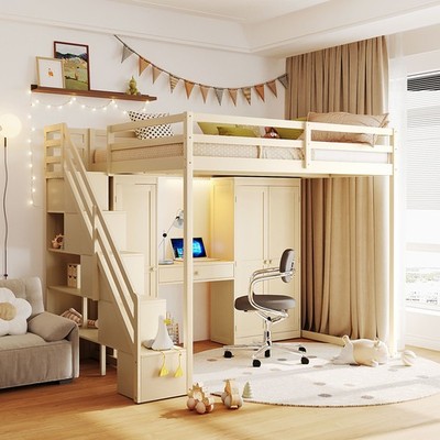 Full Size Loft Bed with Storage Staircase,Built-In Dressing Table with Mirror an
