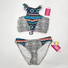 Hula Honey Swimsuit Bikini Size Large Halter Top Medium Bottoms Black White NEW