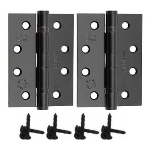 Black 4" Ball Bearing Door Hinge 100mm Suit Internal Doors Pair + BLACK Screws