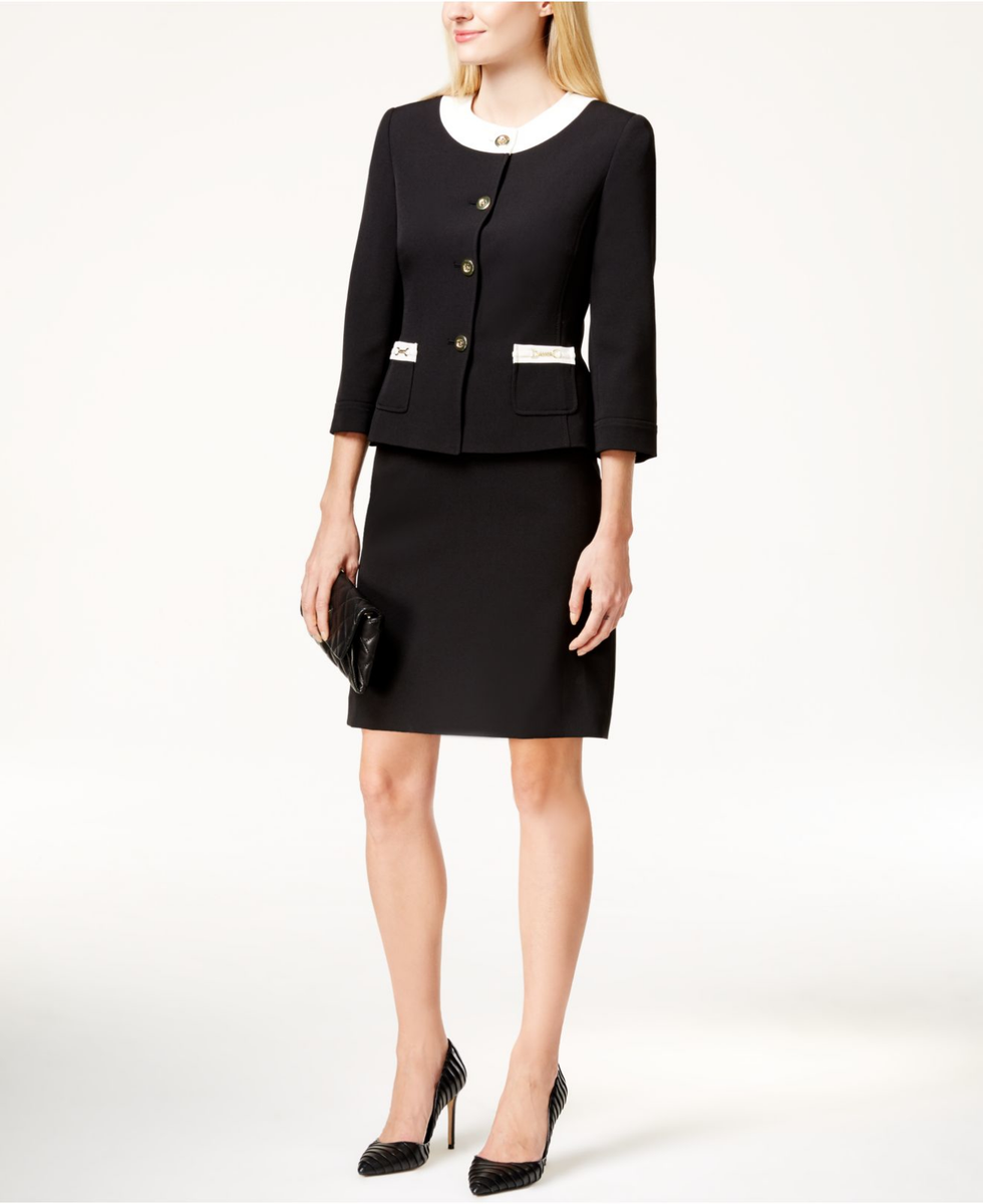 NWT Tahari ASL Four-Button Contrast-Trim Skirt Suit, Size