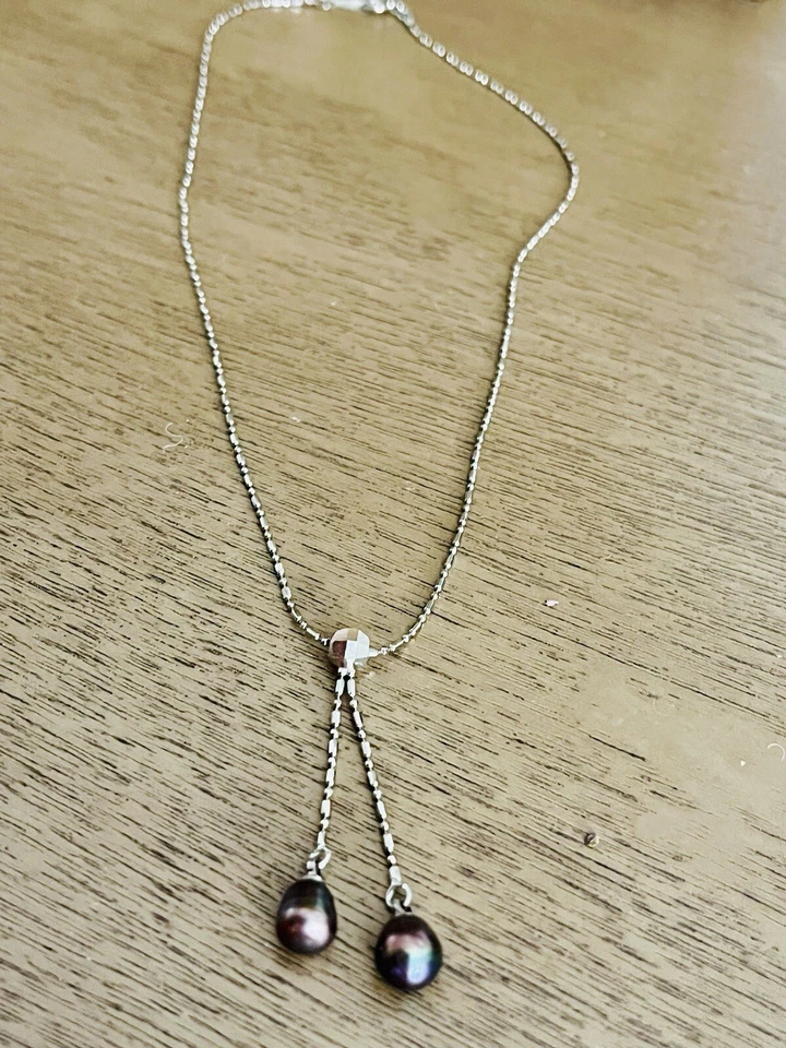 Collar Lariat Vintage Chapado en Oro 18k W Perla Marrón Natural 925 Esterlina Foto 2 de 4