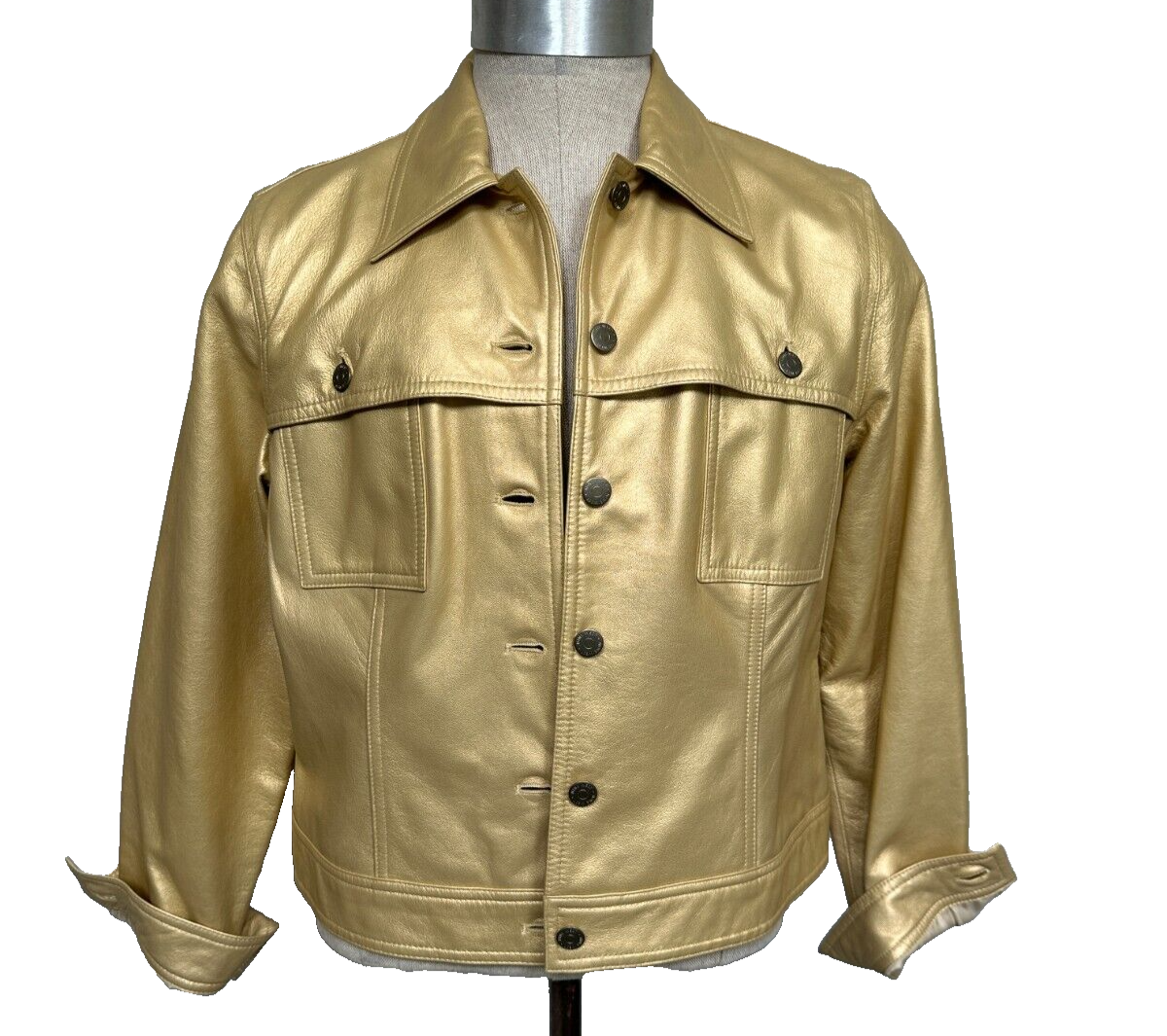 Nine West Gold Leather Jacket Womens Size 12 Stylish Metallic Coat