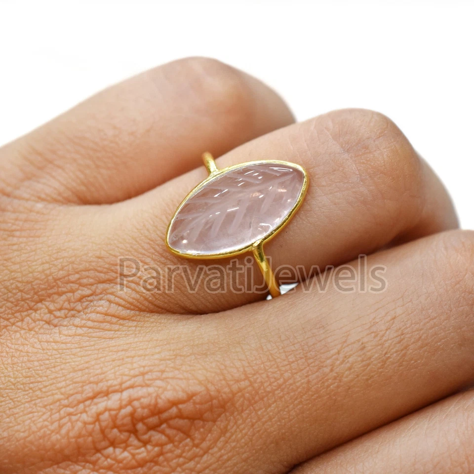 Anillo tallado cuarzo rosa natural oro macizo 14K y 18K regalo para ropa de fiesta mujer Foto 2 de 4
