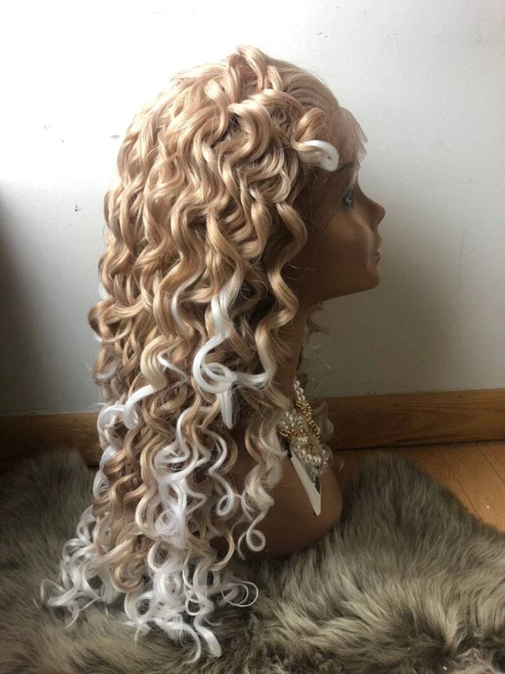 Peluca rubia ombre blanca afro rizada sintética encaje frontal cosplay drag queen peluca Foto 3 de 4