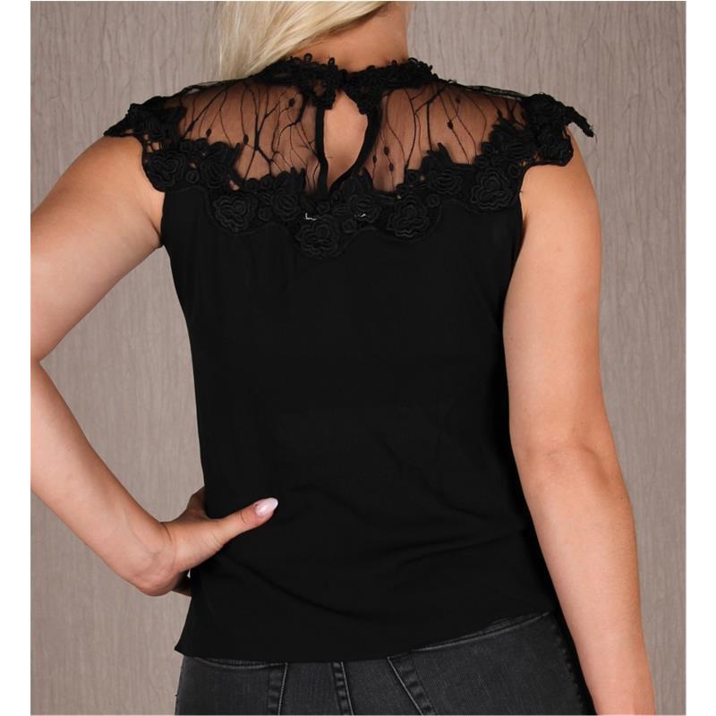 Elegante Manga Corta Mujer Blusa de Gasa con Estampado Flores Tul Negro #BL429