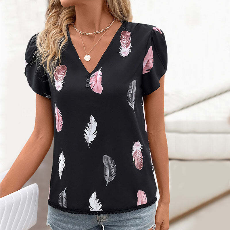 Women's Casual V-neck Feather Printed short sleeve Tshirt top
