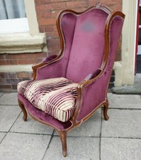 Vintage FRENCH Louis Shabby Chic WING Back High Throne Carved Armchair Chair