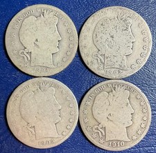 Set Lot 4 FOUR Barber Half Dollars 1894-S 1902-O 1905-P 1910-S silver Coins B366