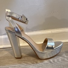 Women  s Silver Strappy Platform Block Heel Sandals Open Toe Ankle Strap Buckle