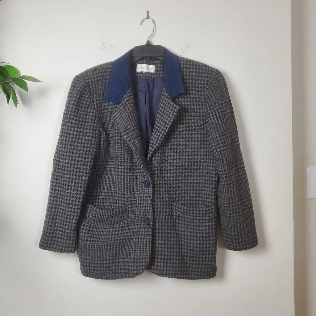 Vintage Casual Corner Houndstooth Blazer with Blue Collar Men's Size Small Wool