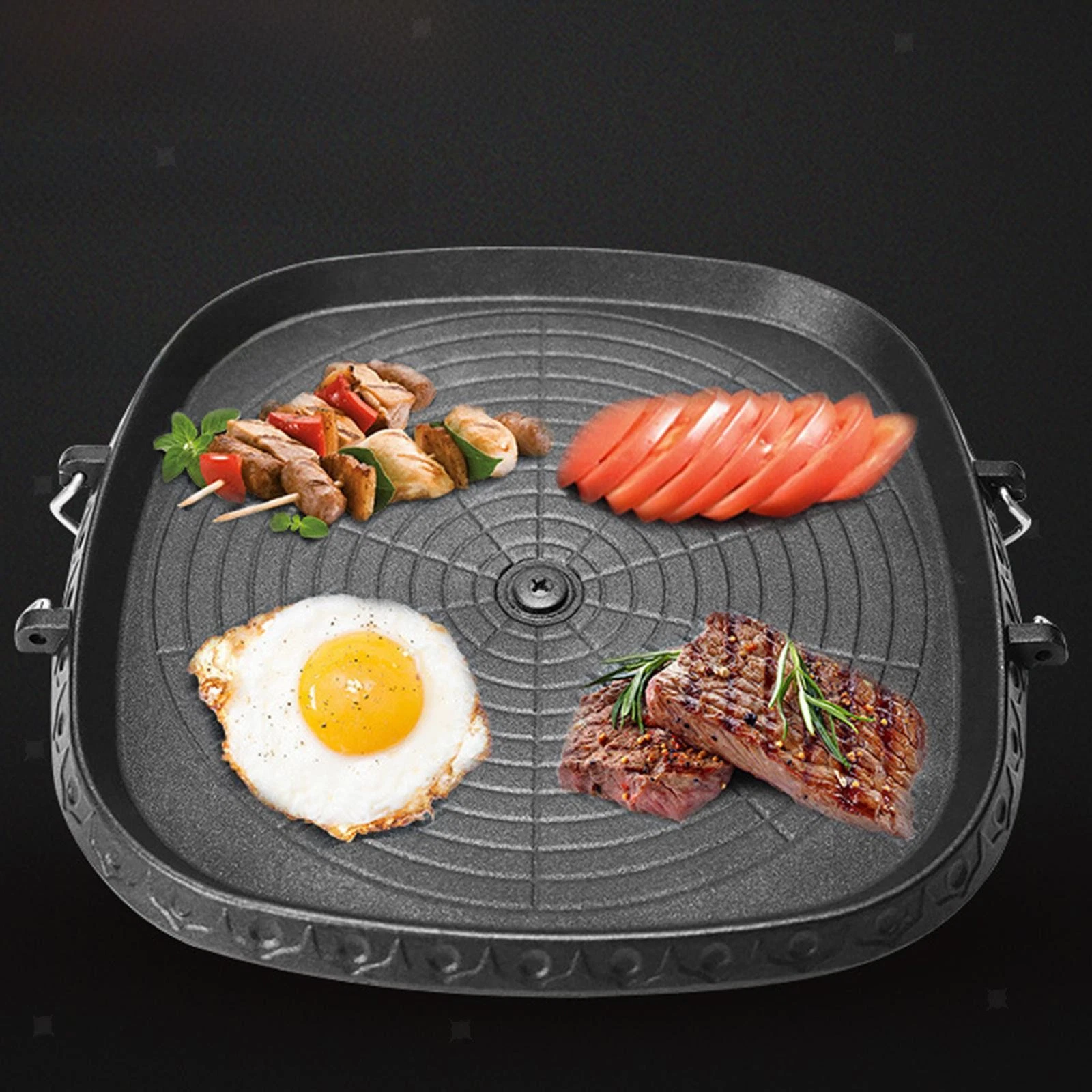 Korean Grilling Pan Frying Pan Black Aluminum Alloy Multiuse Portable Cookware