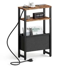 Narrow Side Table with Charging Station Slim End Table Sofa with Magazine Rac...