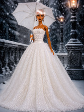 Luxury Couture White Wedding Dress Long Gown Handmade 11.5" - 12" 1/6 