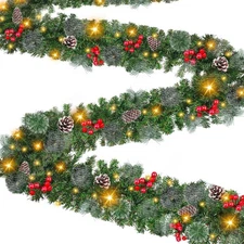 9/5.9FT LED Christmas Garland with Pinecones Red Berries 50/20 Warm White Lights