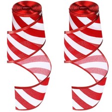 2 Rolls 2.5 Inch x 6 Yards Christmas Red White Candy Cane Wired Ribbon DIY