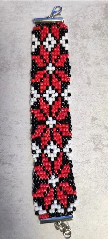Bracelet Manchette en Perles de Rocaille Tissé Main Motif Géométrique Rouge Noir - Photo 1/4