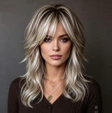 Human Hair New Layered Long Natural Light Blond Brown Wavy Women's Wigs 18 in