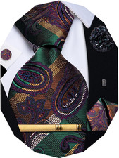 Silk Paisley Floral Tie and Pocket Square Cufflinks with Lapel Pin Sets for Men