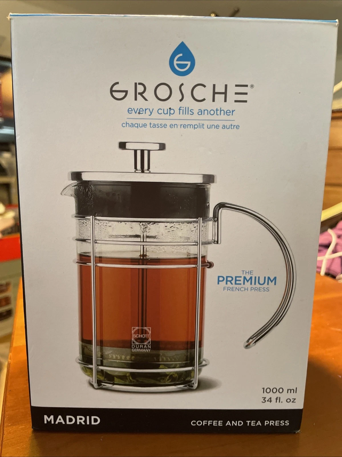 NiB GROSCHE Madrid Premium French Tea Press Coffee Maker, 34 Fl.oz. FreeShipping