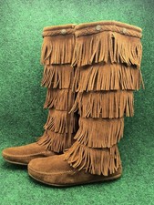 Minnetonka 1658 Moccasins Knee High Brown Suede 5-Tier Fringe Zip Boots Size 8