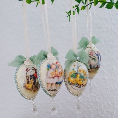 Ostereier zum Hängen 4 Stück, Shabby Chic, Landhausstil, Vintage, handgefertigt