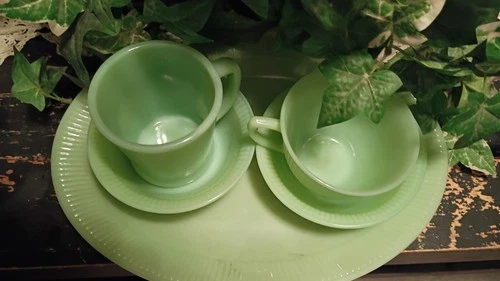 Fire King Jadeite Green Glass Cup & Saucer Set Opaque Fire-King Glossy