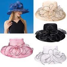 Women Organza Fascinator Kentucky Derby Hat Wide Brim Church Tea Party Dress Hat