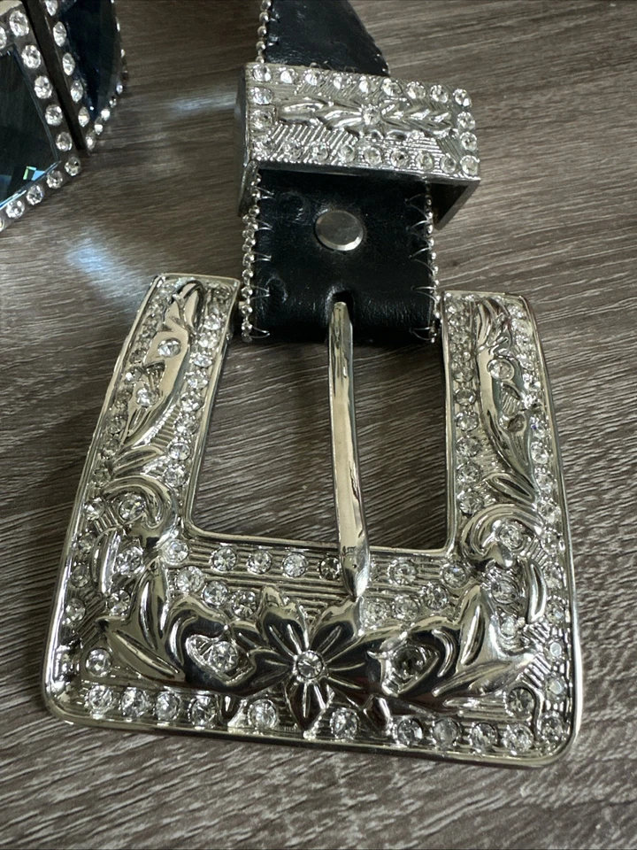 Cinturón occidental ATLAS para mujer de cuero negro cuadrado azul y estrás transparente talla M Foto 3 de 4