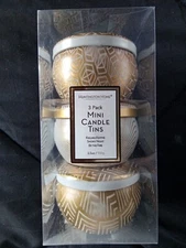 HUNTINGTON HOME 3 PACK MINI CANDLE TINS-FEELING FESTIVE-SNOWY NIGHT-BY THE FIRE