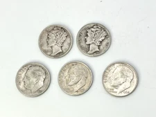 MERCURY & ROOSEVELT LOT OF 5 RANDOM 90% SILVER US DIMES no Duplicates Ave. Cond.