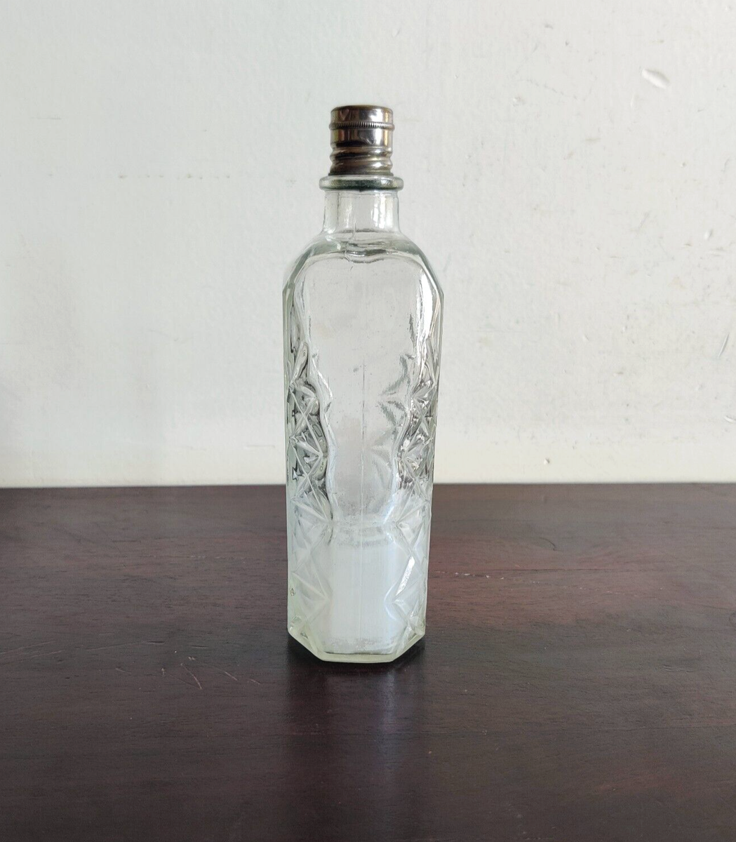 Vintage Clear Glass Flower Pattern Brass Cap Perfume Bottle Old